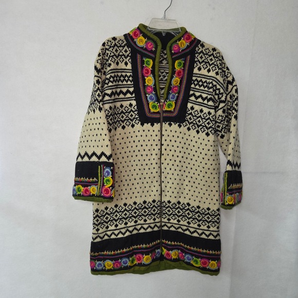 Vintage‎ 70s Nordic Fair Isle Hand Knit Cardigan Jacket Embroidered Floral Trim